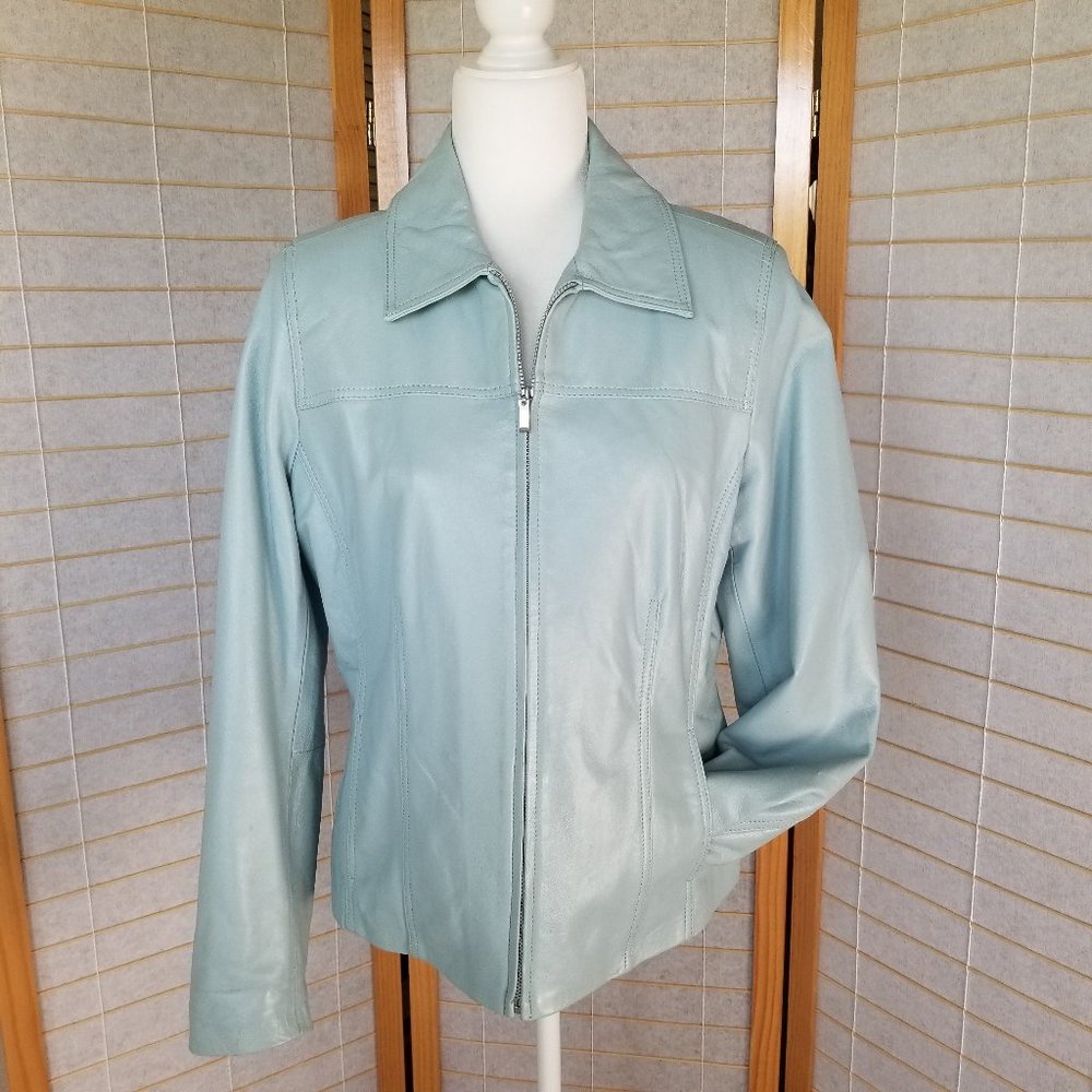 Light Blue Leather Zip Front Blazer Jacket - Picture 2 of 10